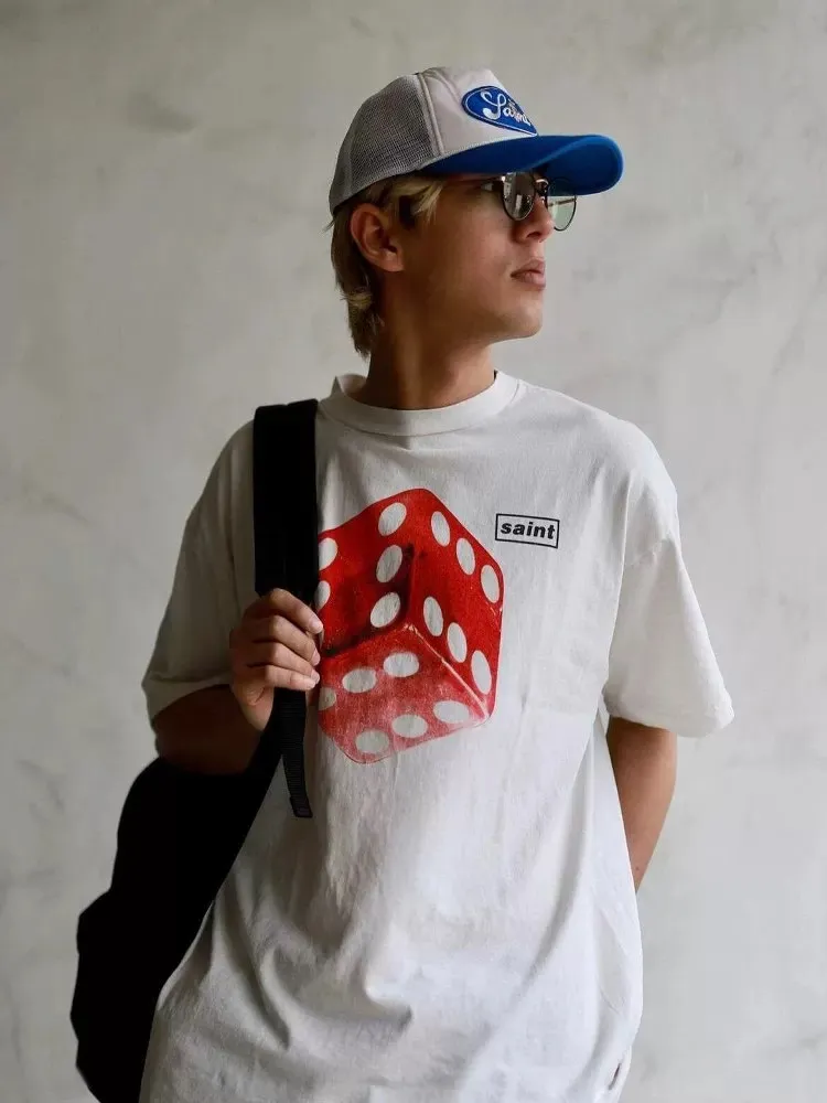 SAINT Mxxxxxx CIRCLE TEE/WHT SAINT dice printed washed short sleeves off-white S-XL cylindrical side seam fabric high weight cylindrical woven tee original development highly restored printing VINTAGE black label/wash label code correct/tag code correct Invincible details Top purchasing level